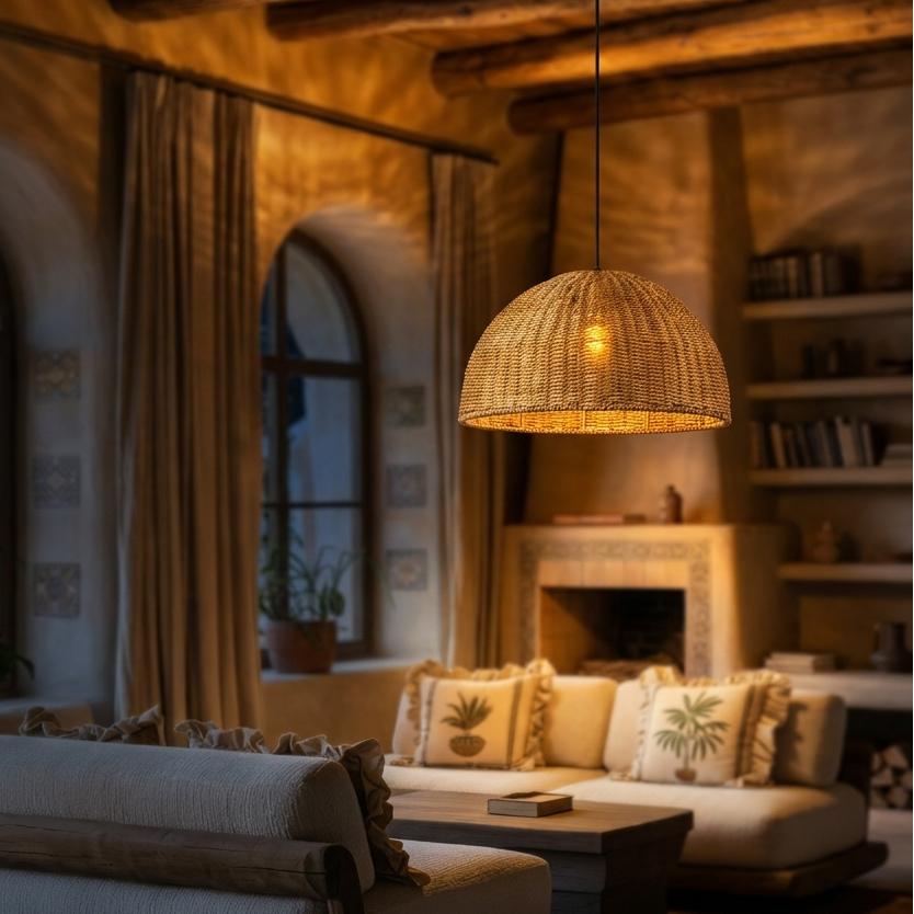 A stylish jute pendant light enhancing the ambiance of a modern living room.