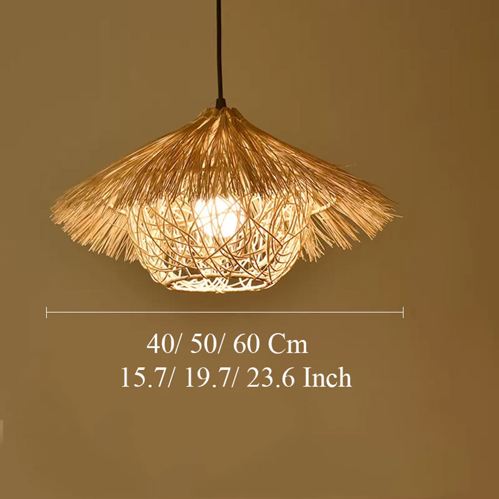 Natural material sustainable hanging light inspired by tropical huts