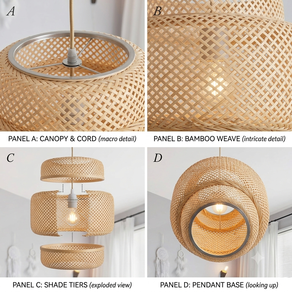 Handcrafted bamboo pendant fixture, organic look for eco-conscious households