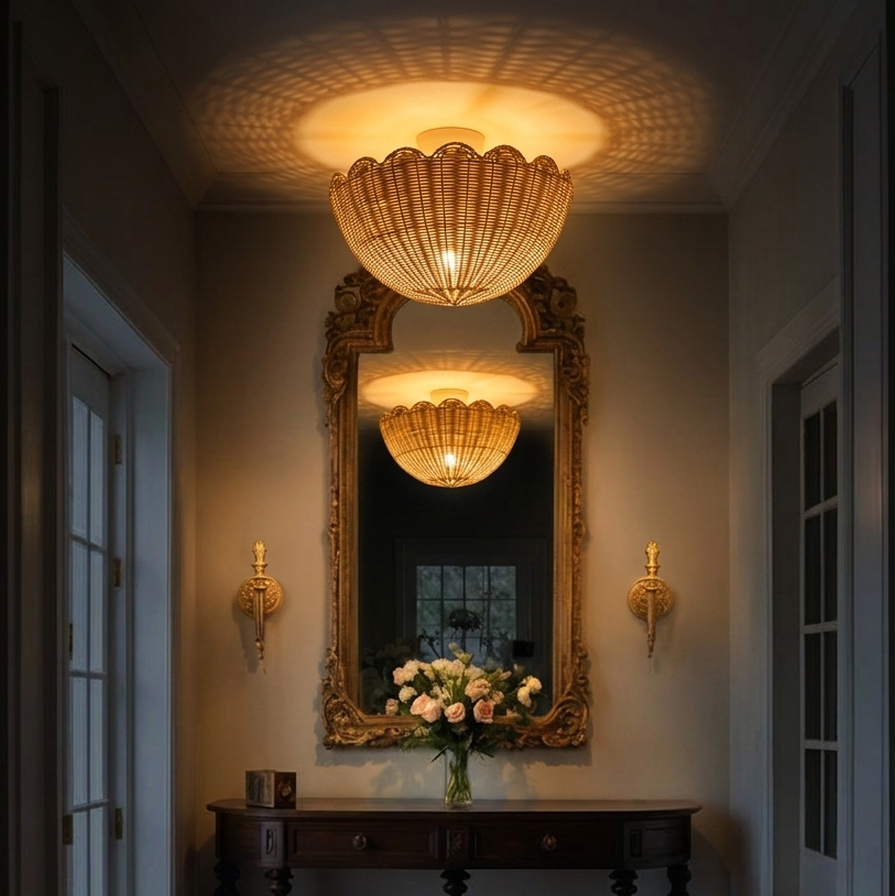 Natural Rattan Flush Mount for Entryway | Welcoming Foyer Ceiling Lamp