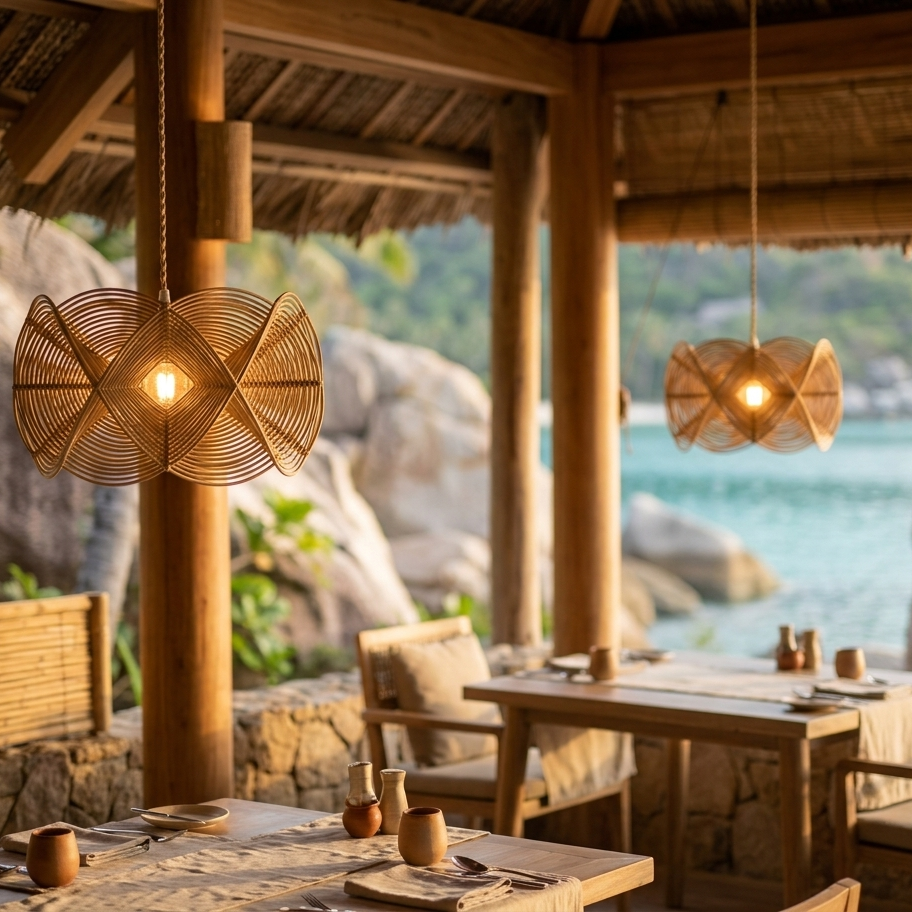 Modern natural rattan ceiling light illuminating a stylish bar counter in a luxury resort.