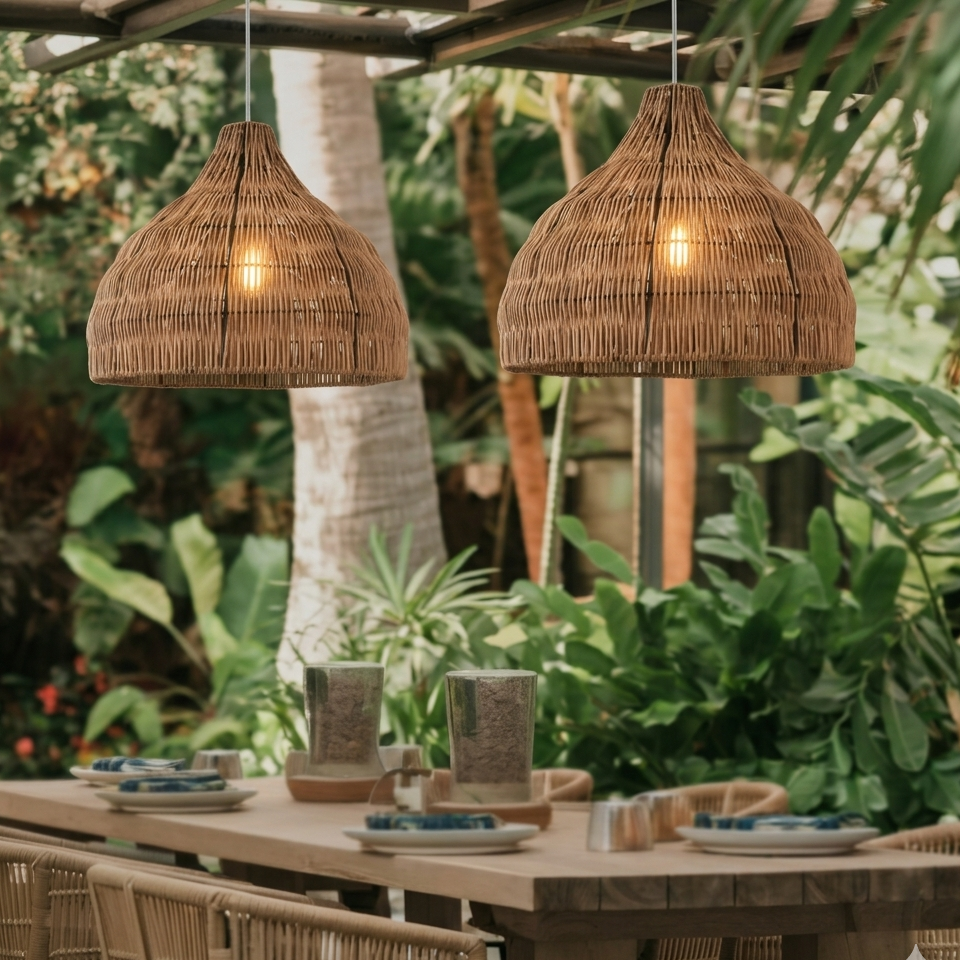 Modern natural rattan ceiling light illuminating a stylish bar counter in a luxury resort.