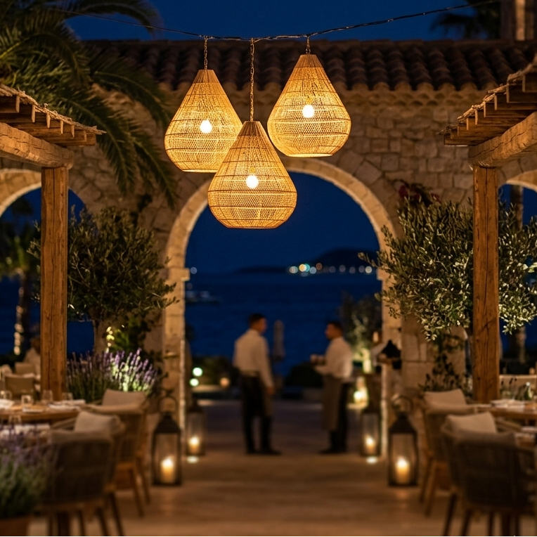 Modern natural rattan ceiling light illuminating a stylish bar counter in a luxury resort.