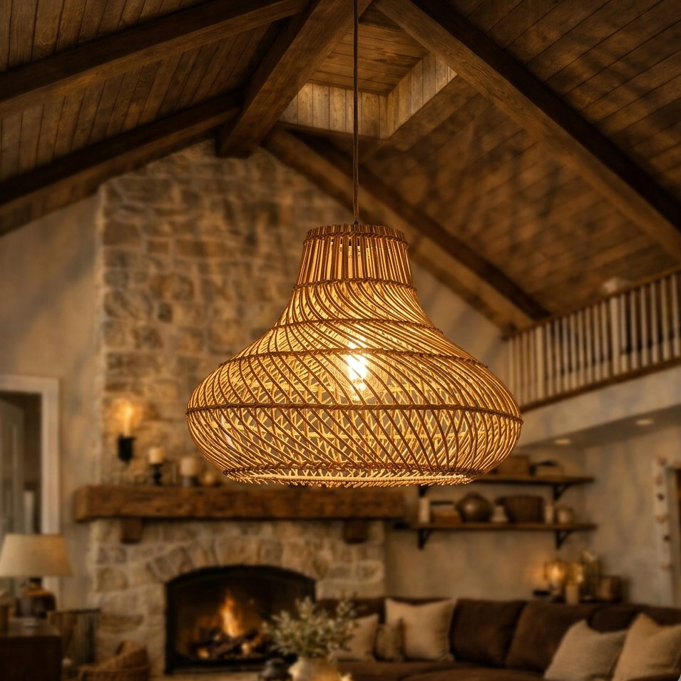 A natural rattan bell pendant light serving as a stylish statement centerpiece in a living room.