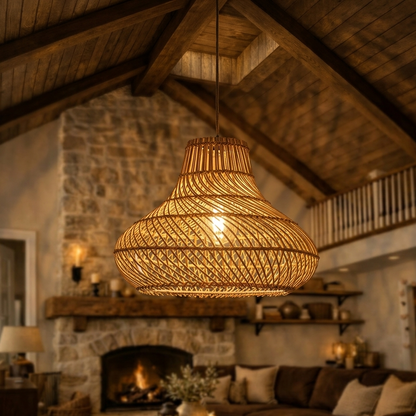 A natural rattan bell pendant light serving as a stylish statement centerpiece in a living room.