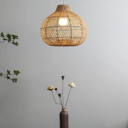 Handcrafted rattan pendant fixture cluster, organic look for eco-conscious households.