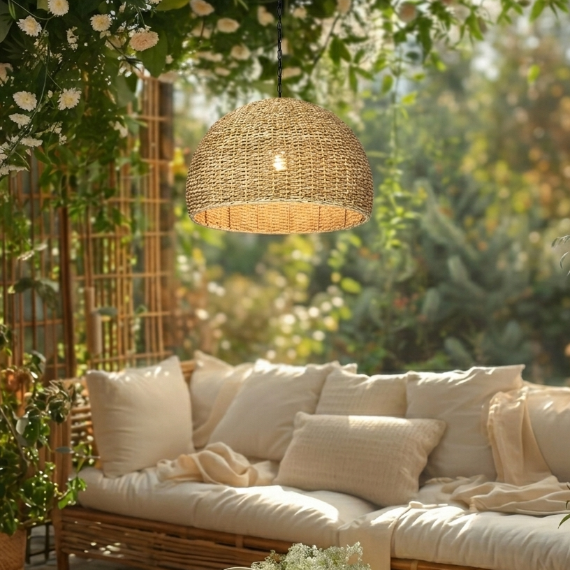 Large handwoven seagrass dome pendant light creating a cozy focal point in a living room