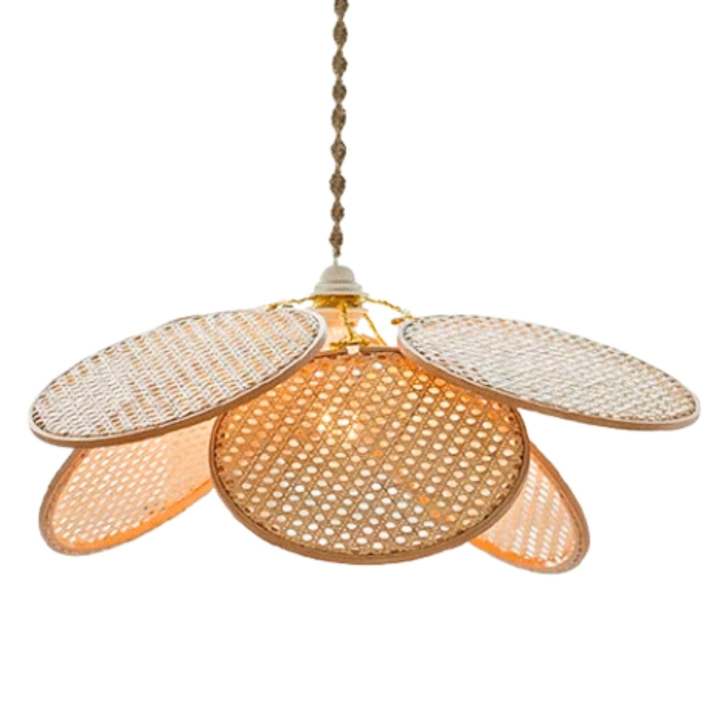 Handcrafted natural wicker flower pendant light designed with overlapping cane petals for a sophisticated look.