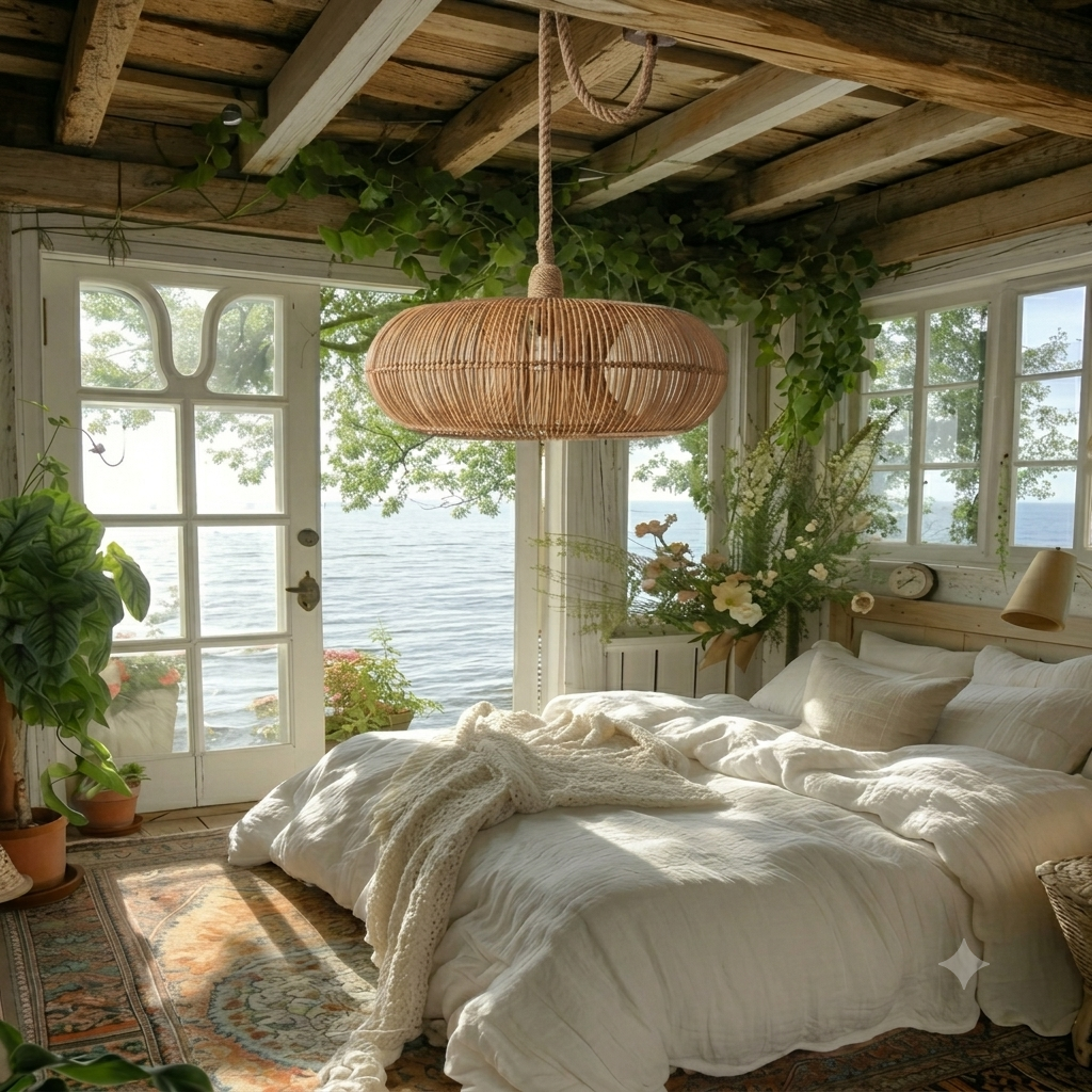 Serene wicker oval ceiling lamp designed for a master bedroom, promoting a restful and calm mood.