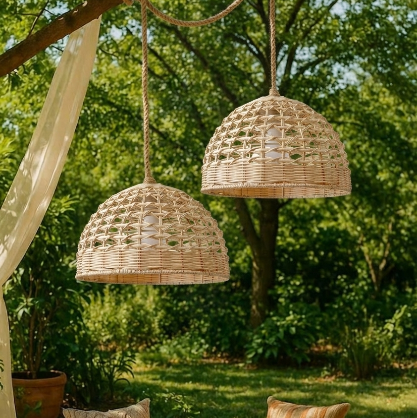 natural woven dome light fixture illuminating a garden gazebo with rustic charm and soft lighting.