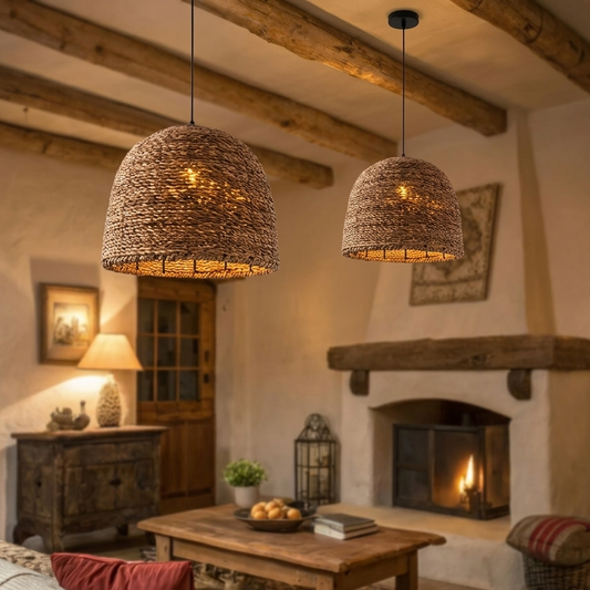 Large natural woven pendant light installed in a cozy living room.