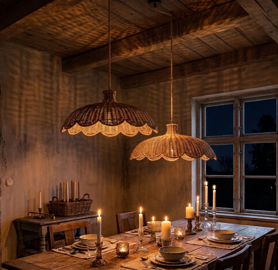 Natural woven pendant light illuminating the dining area with organic elegance
