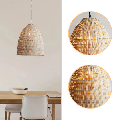 Natural woven pendant light illuminating the dining area with organic elegance