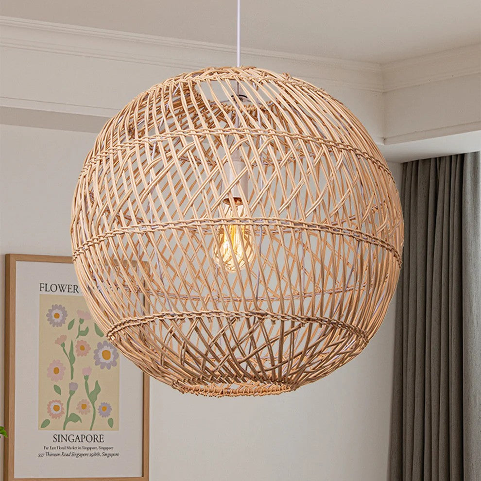 Natural woven rattan ball ceiling light creating soft ambient glow
