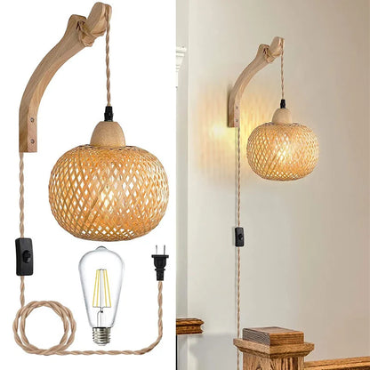 Woven pendant light with wooden arm and clear bulb on a white background