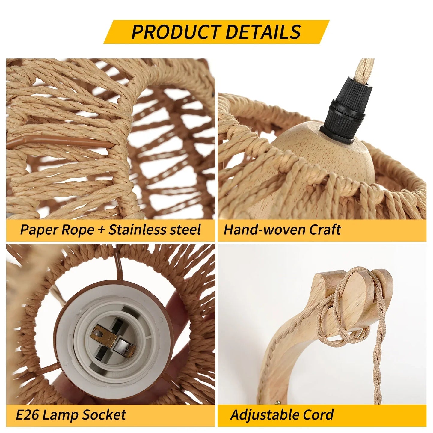 Product details of a hand-woven craft with paper rope and stainless steel, including E26 lamp socket and adjustable cord.
