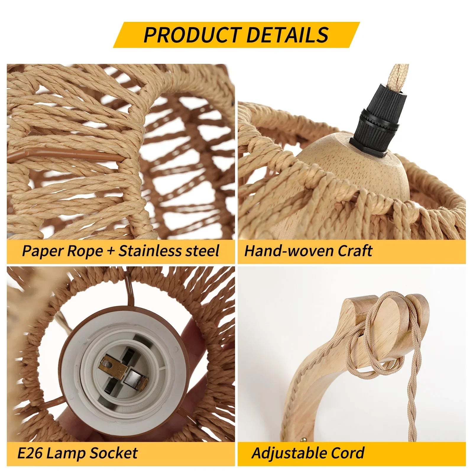 Product details of a hand-woven craft with paper rope and stainless steel, including E26 lamp socket and adjustable cord.