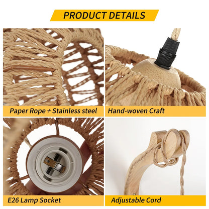 Product details of a hand-woven craft with paper rope and stainless steel, including E26 lamp socket and adjustable cord.