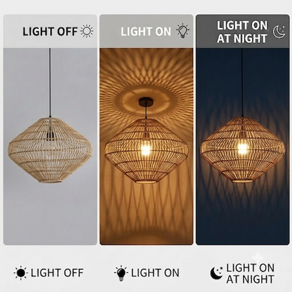 Minimalist Nordic Japandi lighting, sleek dark rattan hanging lamp for modern home interiors.