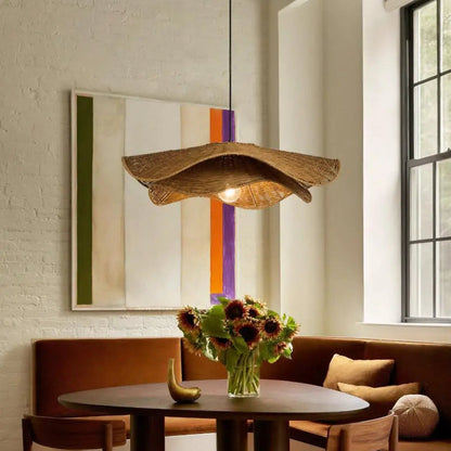 Restaurant ambient pendant, warm rattan light for inviting dining spaces, wavy frame.