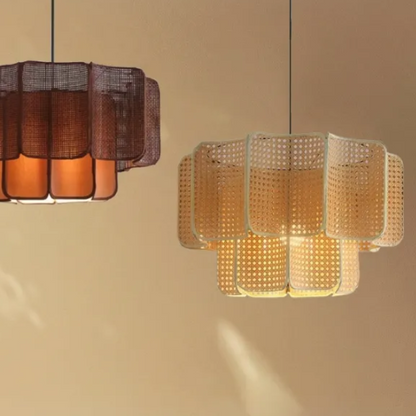 Minimalist Nordic hanging lamp, elegant rattan design for modern stylish rooms, tiered silhouette.