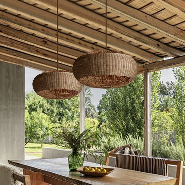 Restaurant ambient pendant, warm rattan light for inviting dining spaces.