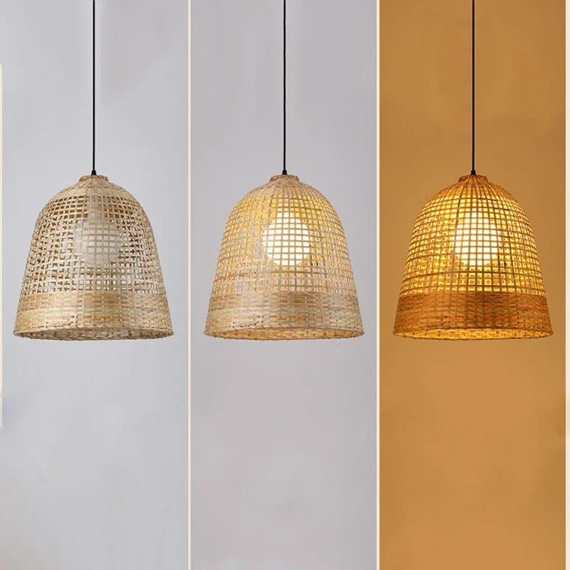 Minimalist staggered wicker chandelier featuring lightweight woven bamboo structures hanging from neat cords.
