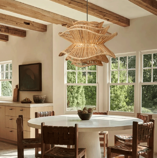 Modern Japandi style woven rattan chandelier showing intricate wave patterns and organic textures.