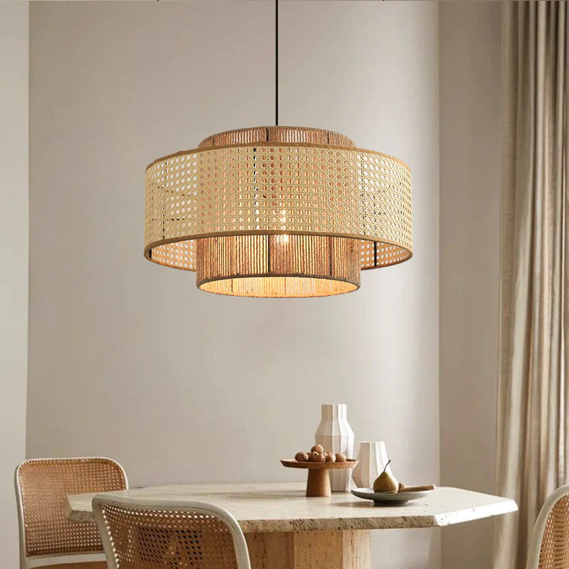 Nordic style woven rattan light over dining table