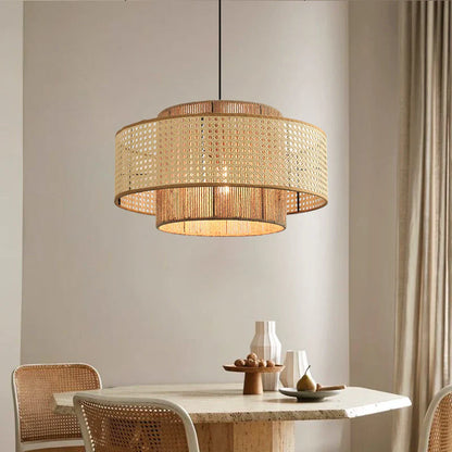 Nordic style woven rattan light over dining table