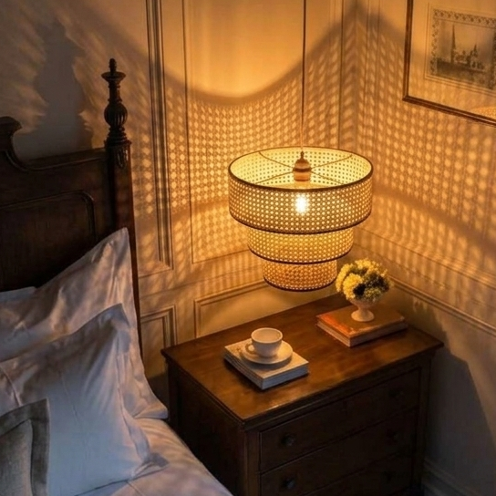 Three-tier woven rattan pendant lamp creating a cozy ambiance above the bed.