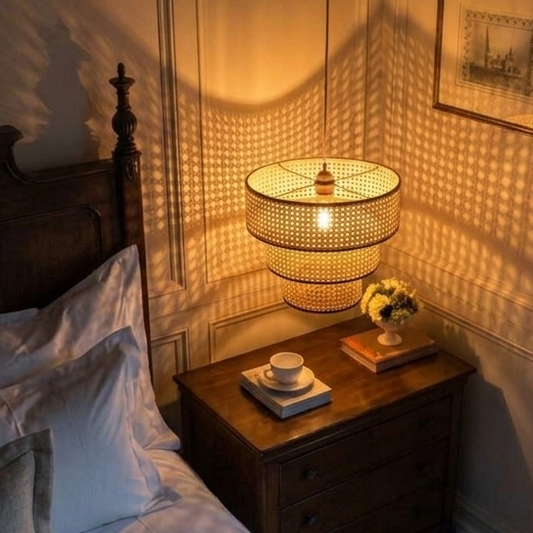 Three-tier woven rattan pendant lamp creating a cozy ambiance above the bed.