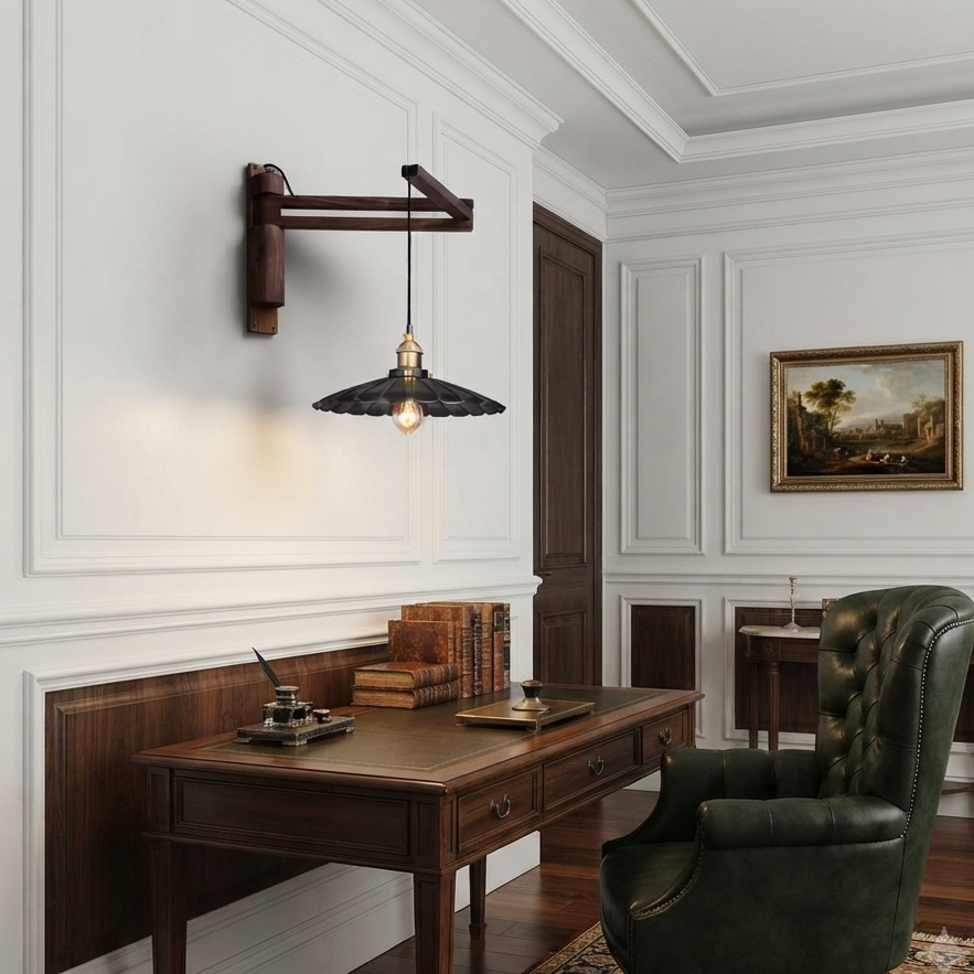 A classic interior room scene featuring a dark wood wall-mounted sconce with a conical shade, positioned above a wooden desk. The room has white paneled walls, a green leather tufted armchair, and a patterned rug.