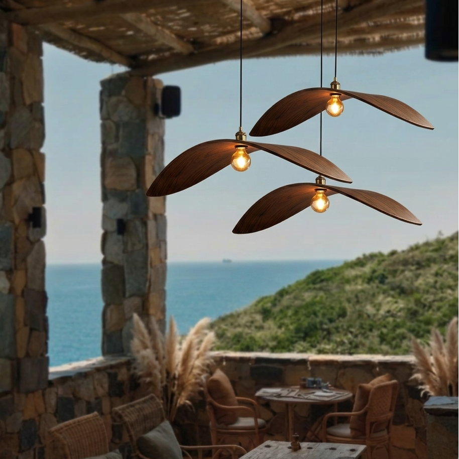 Organic shaped wood arch pendant light for high-end resort decor