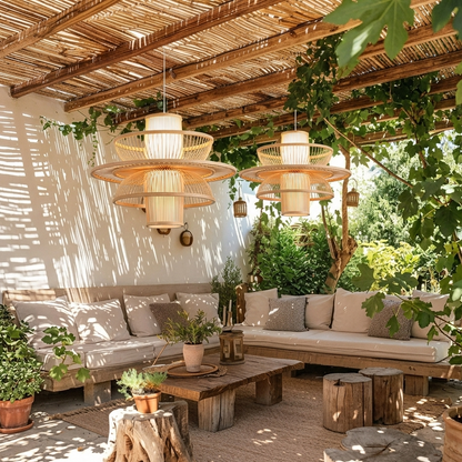 Organic bamboo garden pavilion pendant light adding a natural touch to outdoor spaces