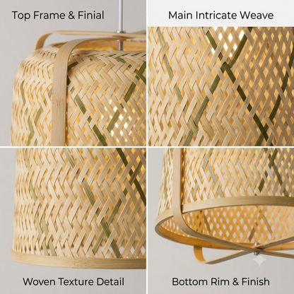 Tropical resort pendant lighting, natural bamboo finish for luxurious retreats, cylinder silhouette.