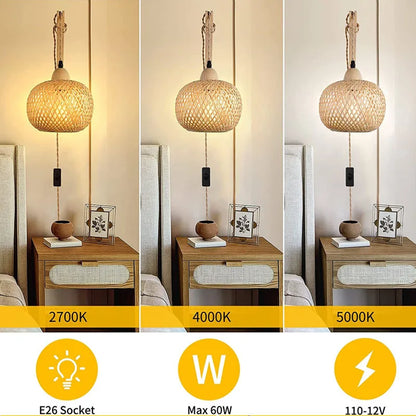Three views of a pendant lamp with color temperature and wattage information displayed.