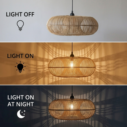 Organic botanical rattan glow pendant, enhancing healthy indoor climate with breathable natural materials.