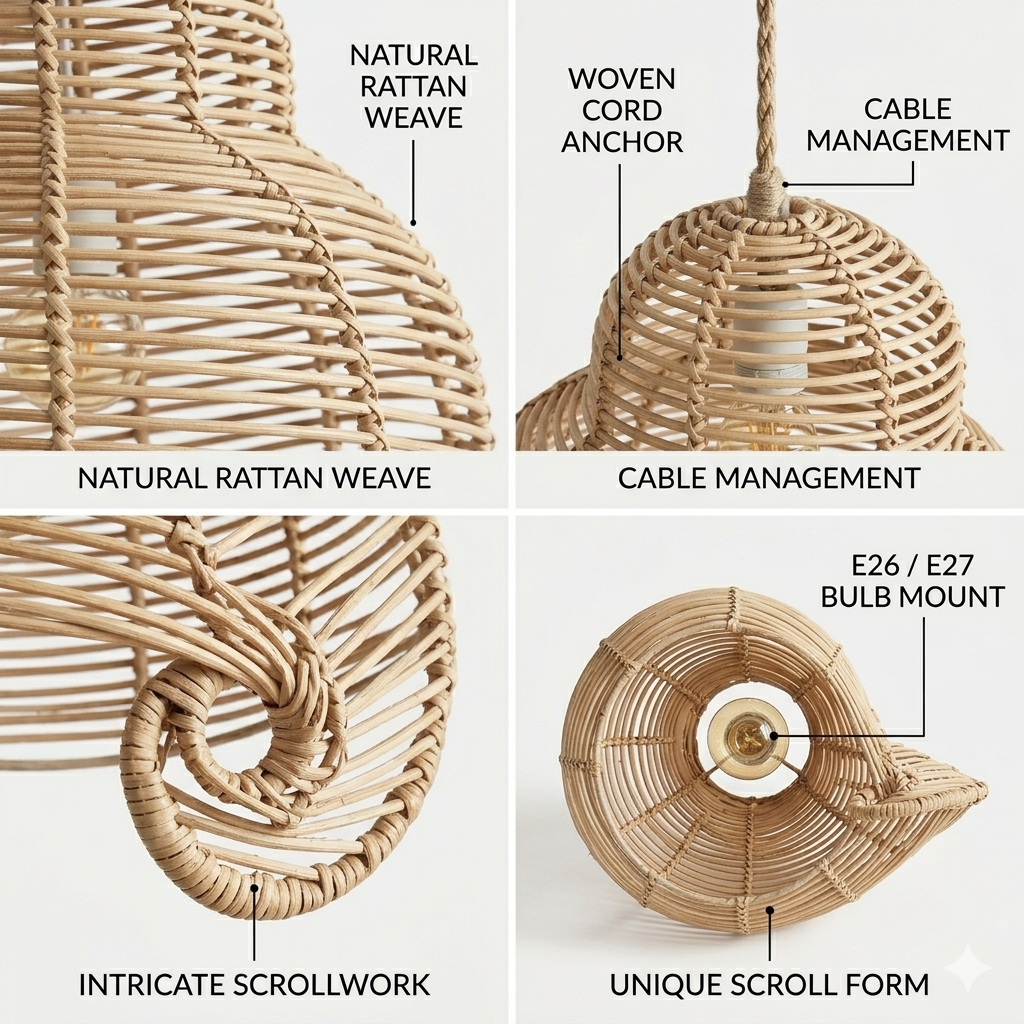 Unique organic rattan ceiling fixture providing a refined, natural, and earth-conscious look.