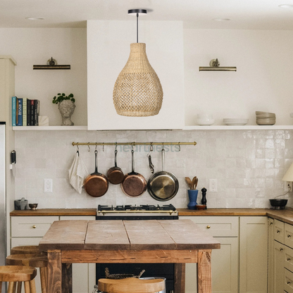 Organic handwoven teardrop lamp in natural finish for elegant styling
