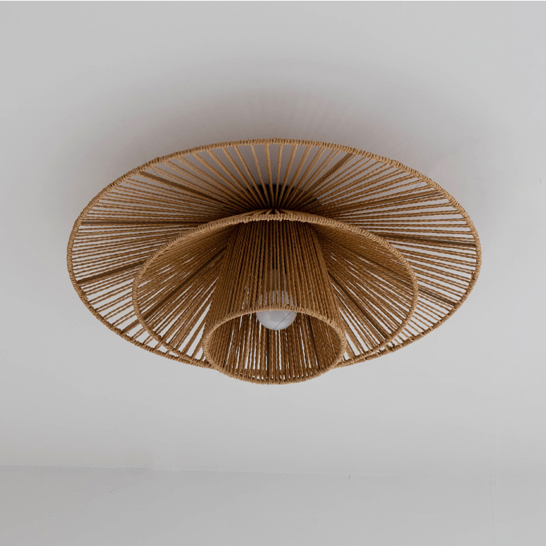Organic hemp ceiling fixture, an earth-friendly handmade lamp for a natural, airy home aesthetic.