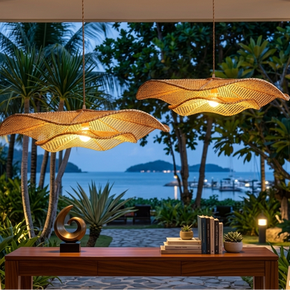 Organic Japandi-style leaf pendant for boutique resort suite interiors