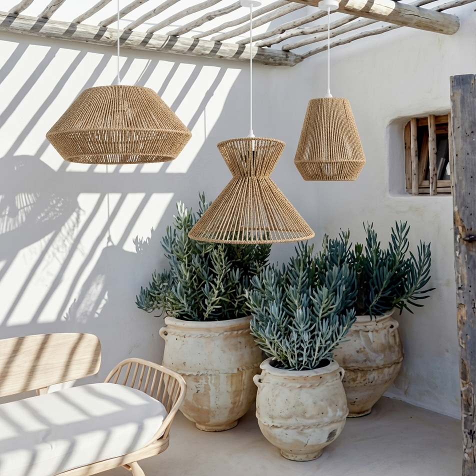 Unique organic jute ceiling fixture collection providing a refined and natural earth-conscious look.