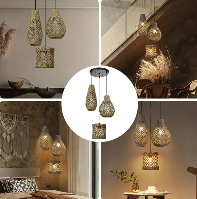 Organic jute fiber multi-pendant lamp featuring a unique weave that creates a soft, earthy aesthetic.