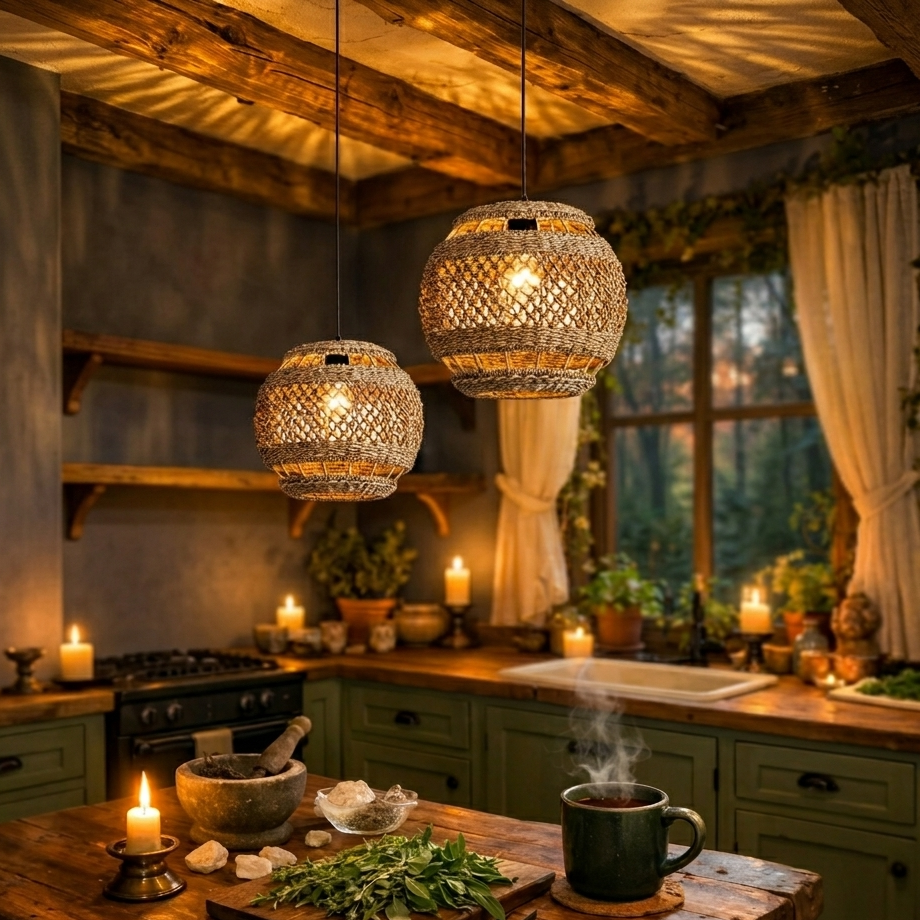 Natural jute globe pendant light providing warm, ambient task lighting over modern kitchen islands