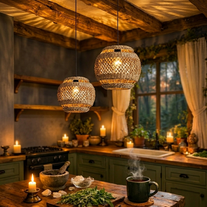 Natural jute globe pendant light providing warm, ambient task lighting over modern kitchen islands