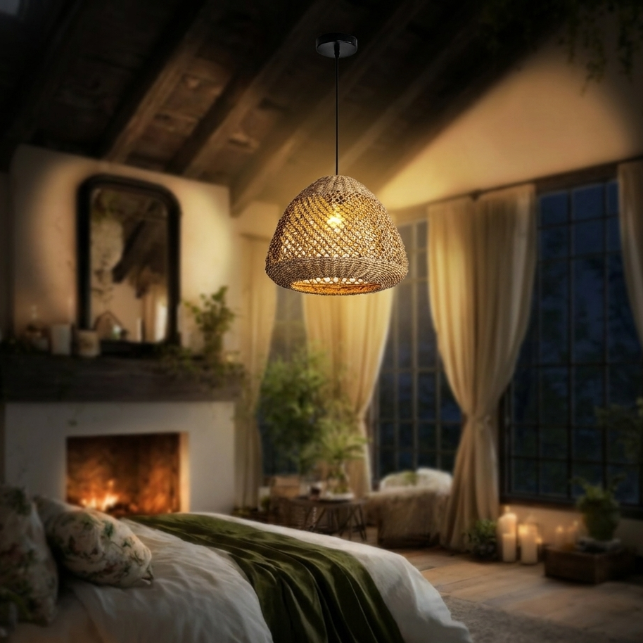 Organic jute hanging lamp providing warm, diffused lighting for a cozy bedroom retreat.