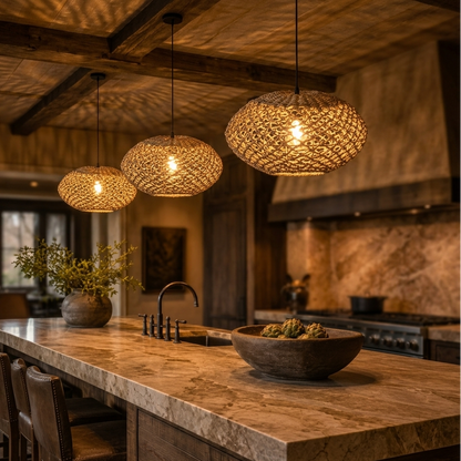 Unique oval jute pendant light fixture providing stylish, natural task lighting over kitchen islands