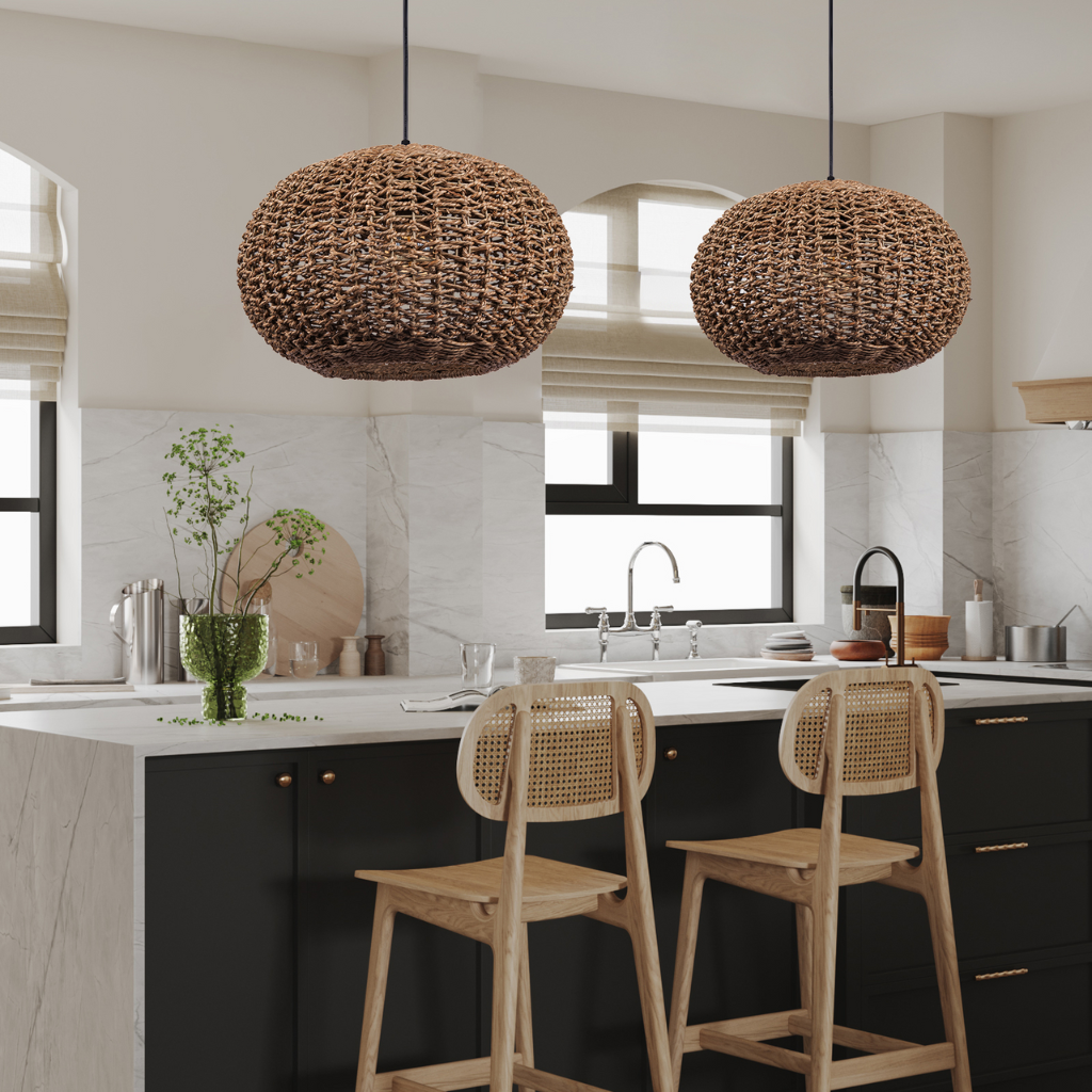 Modern organic jute woven pendant light illuminating a kitchen island workspace