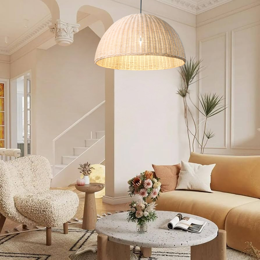 Organic jute and rattan layered pendant light crafted from raw natural fibers